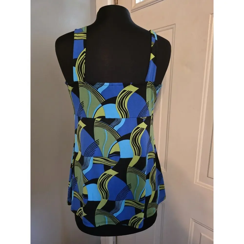 Vtg Bisou Bisou Y2k Baby Doll Tank Jeweled Medallion Abstract Print Blue Black L